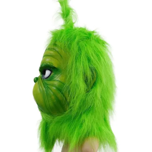 Kostumemaske med grønt pels til jule-cosplayfest, latexrekvisitter, grøn monstermaske, søde grønne rekvisitter til have- og terrassefest, grøn