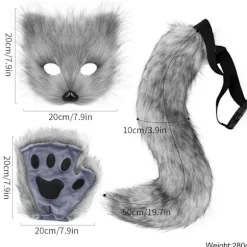 Kunstig Pels Ræv Hale Kat Varulv Cosplay Kostume Sæt Plys Maske Fluffy Pote Handsker Halloween Jul Hvid Hvid One Size—max One Size White