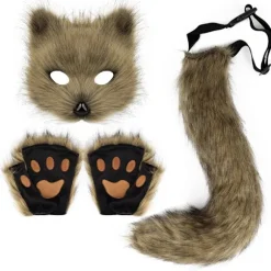 Kunstig Pelsræv Hale Kat Varulv Cosplay Kostume Sæt Plys Maske Fluffy Poter Handsker Halloween Jul Græs Gul Grass yellow One Size