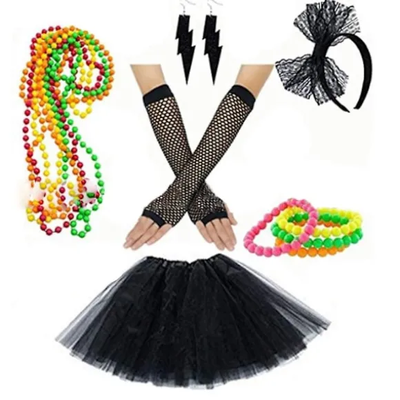 Kvinders 80'er Fancy Dress Tilbehør Kjole Briller Benvarmer til Mode Retro 80'er Fest Outfit Kostume Sæt Black