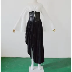 Kvinders Renæssance Middelalderkostume Flare Ærmer Korset Nederdele Overkjole Festkjole Black-FF- Black 2XL