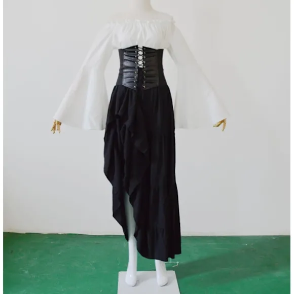 Kvinders Renæssance Middelalderkostume Flare Ærmer Korset Nederdele Overkjole Festkjole Black-FF- Black 2XL