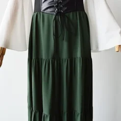 Kvinders Renæssance Middelalderkostume Flare Ærmer Korset Nederdele Overkjole Festkjole Black-FF- Black 2XL