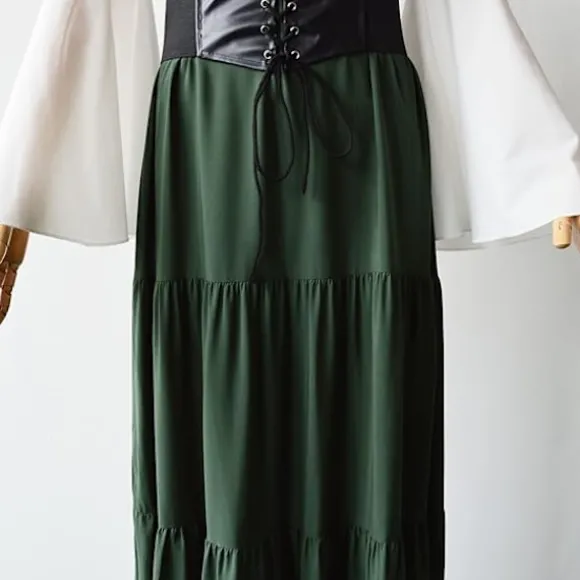 Kvinders Renæssance Middelalderkostume Flare Ærmer Korset Nederdele Overkjole Festkjole Black-FF- Black 2XL