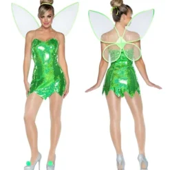 Kvindes Elver Tinker Bell Kostume Kjole Grøn Alver Cosplay Kjole med Grønne Vinger Mørkegrøn Dark green M
