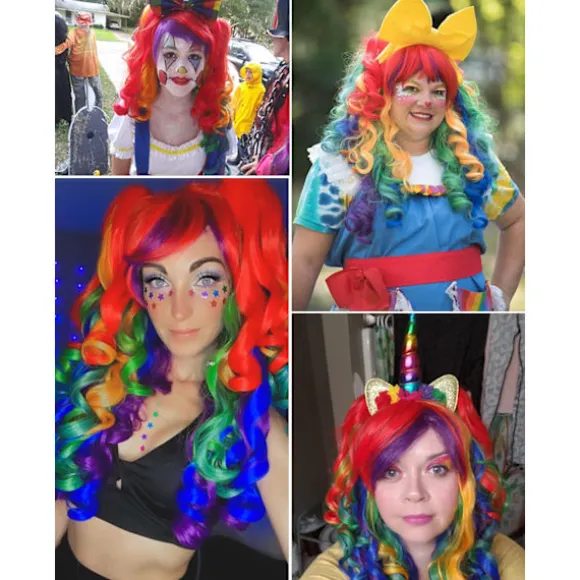 Lang krøllet Cosplay paryk med 2 hestehaler (regnbuefarve)