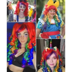 Lang krøllet cosplay paryk med 2 hestehaler (regnbuefarve)