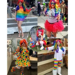 Lang krøllet cosplay paryk med 2 hestehaler (regnbuefarve)