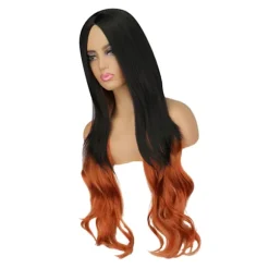 Lang, krøllet orange paryk til kvinder til cosplay-fester