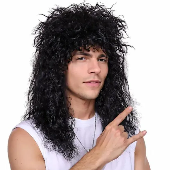Lang krøllet sort rocker kostume paryk til mænd