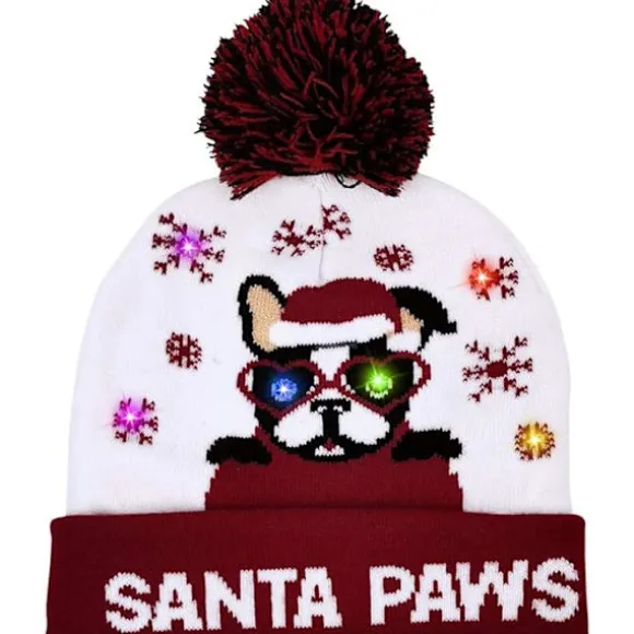 LED Julehat, Lysende Julehat Unisex Strikket Hue Feriehat med Hundetryk til Fest