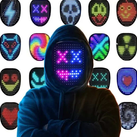 LED Maske Halloween Kostume til Børn Voksne, Ansigtstransformerende Lysende Maske med Gestussensor, Sejt Legetøj