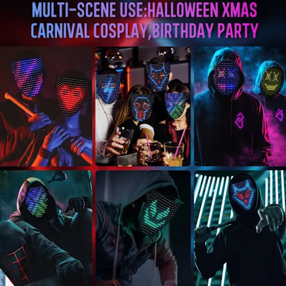 LED Maske Halloween Kostume til Børn Voksne, Ansigtstransformerende Lysende Maske med Gestussensor, Sejt Legetøj
