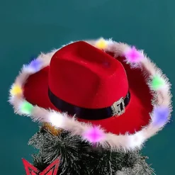 LED rød og hvid julecowboyhat julemandens western-feriehat cowboy-julemandshat blinkende western-julehat TACJY Multicolor