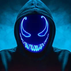 LED-maske til Halloween, Purge-maske med 3 lystilstande, Lysende Halloween-maske til mænd, kvinder og børn, blå