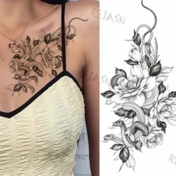 Lilla rose smykker vandoverførsel tatovering sticker, kvinders krops- og brystkunst midlertidig tatovering, piges bælte glitter tatovering blomst.