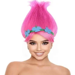 Livlig Spids Prinsesse Trold Pink Spids Paryk med Grøn og Blå Blomsterkrone til Voksne, Universelt Hætteløst Design Flammehæmmende Syntetisk Fiber