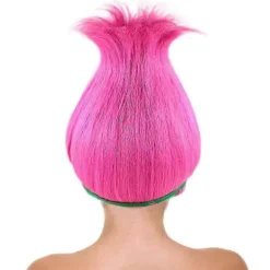 Livlig Spids Prinsesse Trold Pink Spids Paryk med Grøn og Blå Blomsterkrone til Voksne, Universelt Hætteløst Design Flammehæmmende Syntetisk Fiber