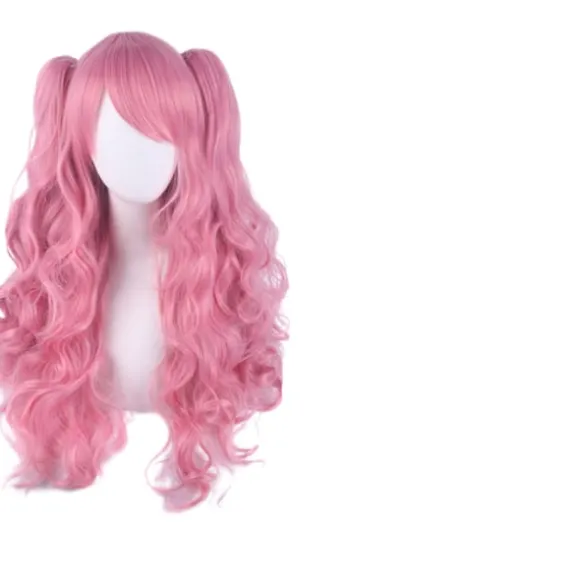 Lolita Lang Krøllet Clip-on Hestehaler Cosplay Paryk, Dobbelt Hestehale Tiger Clip Lang Krøllet Paryk (Pink)