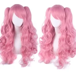 Lolita Lang Krøllet Clip-on Hestehaler Cosplay Paryk, Dobbelt Hestehale Tiger Clip Lang Krøllet Paryk (Pink)