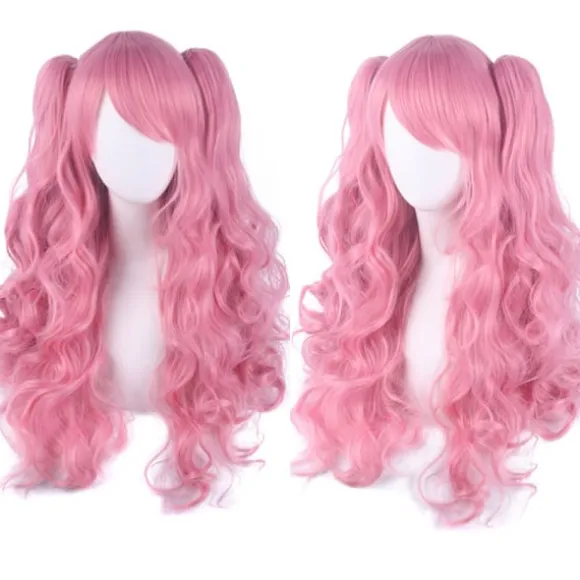 Lolita Lang Krøllet Clip-on Hestehaler Cosplay Paryk, Dobbelt Hestehale Tiger Clip Lang Krøllet Paryk (Pink)