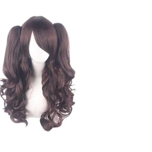 Lolita Lang Krøllet Clip-On Hestehale Cosplay Paryk, Dobbelt Hestehale Tiger Clip Lang Krøllet Paryk (brun), wz-1350 (FMY)