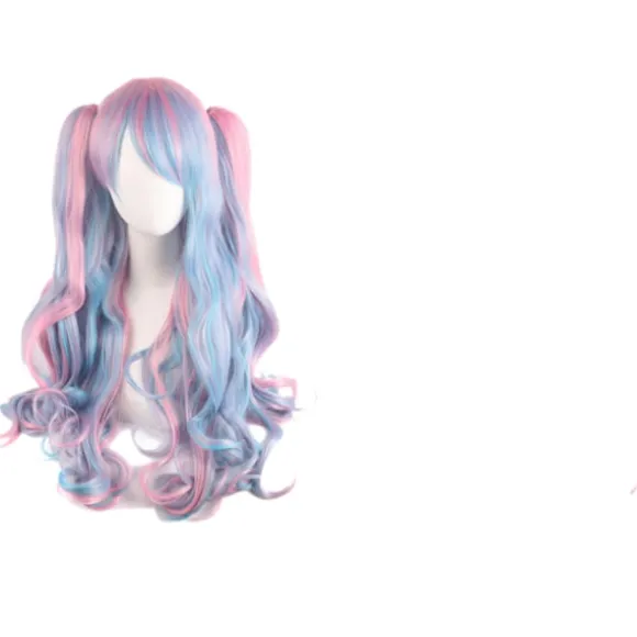 Lolita Lang Krøllet Clip-on Hestehale Cosplay Paryk, Dobbelt Hestehale Tiger Clip Lang Krøllet Paryk (Pink/Blå/Blond)