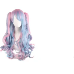 Lolita Langt Krøllet Clip på Ponytails Cosplay Paryk, Dobbelt Hestehale Tiger Clip Lang Krøllet Paryk (Pink/Blå/Blonde)