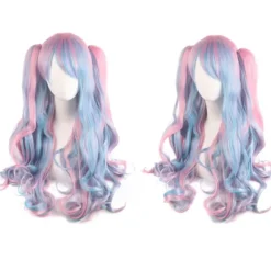 Lolita Langt Krøllet Clip på Ponytails Cosplay Paryk, Dobbelt Hestehale Tiger Clip Lang Krøllet Paryk (Pink/Blå/Blonde)