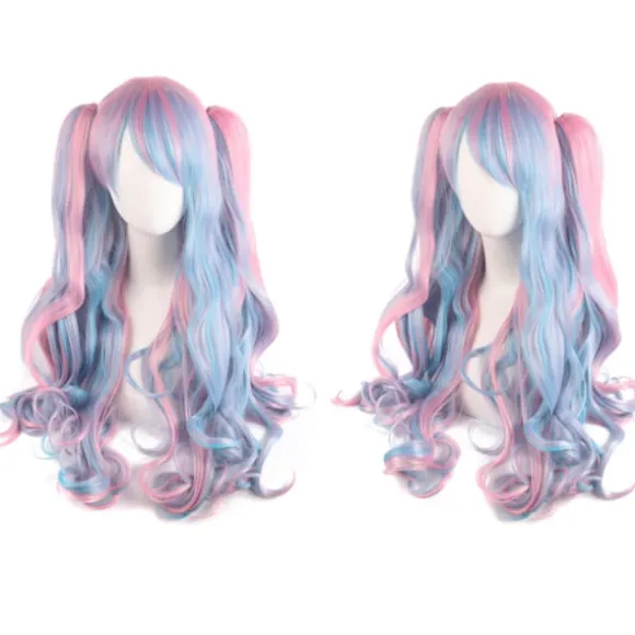Lolita Langt Krøllet Clip på Ponytails Cosplay Paryk, Dobbelt Hestehale Tiger Clip Lang Krøllet Paryk (Pink/Blå/Blonde)