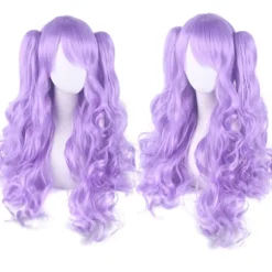 Lolita Langt Krøllet Clip på Ponytails Cosplay Paryk, Dobbelt hestehale tiger clip lang krøllet paryk (Lyselilla)