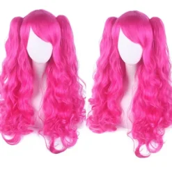 Lolita Langt Krøllet Clip On Ponytails Cosplay Paryk, Dobbelt Ponytail Tiger Clip Lang Krøllet Paryk (hot Pink),wz-1336 (FMY)
