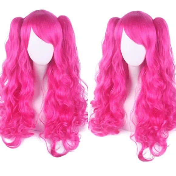 Lolita Langt Krøllet Clip On Ponytails Cosplay Paryk, Dobbelt Ponytail Tiger Clip Lang Krøllet Paryk (hot Pink),wz-1336 (FMY)