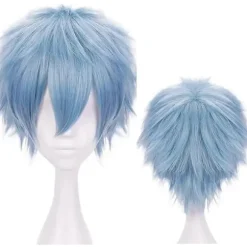 Lyseblå Parykker til Drenge Kort Bølget Paryk Blå Cosplay Paryk til Halloween Syntetisk-lingling} Light Blue -