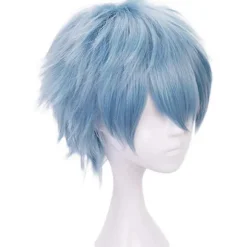 Lyseblå Parykker til Drenge Kort Bølget Paryk Blå Cosplay Paryk til Halloween Syntetisk-lingling} Light Blue -