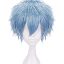 Lyseblå Parykker til Drenge Kort Bølget Paryk Blå Cosplay Paryk til Halloween Syntetisk-lingling} Light Blue -