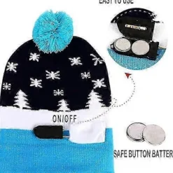 Lysende julehue, unisex strikket julehat med hjorteprint til fest (blå)CJY female adult