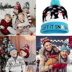 Lysende julehue, unisex strikket julehat med hjorteprint til fest (blå)CJY female adult