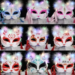 Lysende LED Rævemaske Japansk Cosplay Blinkende Øjne Mørk Øjenmaske Rave Kostume Anime Halv Ansigt Katte Maske Maskerade Fest Tilbehør 12