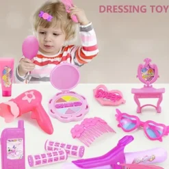 Makeup Legetøjssæt til Piger - Skønhedssalon Skønhedsværktøj Legetøj med Lille Prinsesse Gaver Bærekasse, Makeup Legetøj Hårklemme