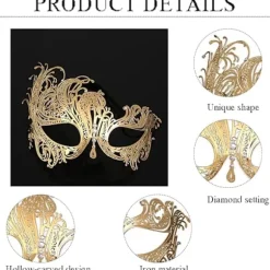 Maske til mænd, Diamant festmaske, Venetiansk elegant metalmaske, Halloween Maske til par