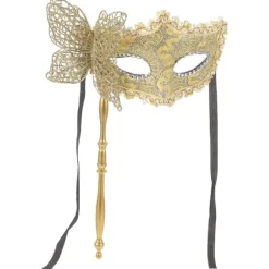 Maskerade maske med pind, udklædning, maskebal, dansefest maske, balmaske til kvinder, guld 34x21cm, gylden 34x21cm