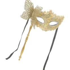 Maskerade maske med pind, udklædning, maskebal, dansefest maske, balmaske til kvinder, guld 34x21cm, gylden 34x21cm