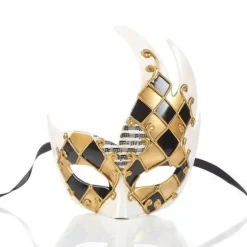 Maskerademaske til mænd (Guld/Sort), Vintage Venetiansk Plaid Mardi Gras Musikalsk Festmaske