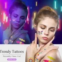 Midlertidig tatovering 20 ark fluorescerende tatovering reaktion på sort lys UV neon, midlertidig tatovering til kvinder, mænd, piger, teenagere, børn | Fyndiq