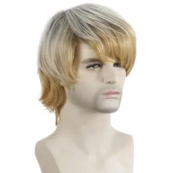 Mænd Lys Guld Blond Kort Hår Paryk Med Skrå Bangs Cosplay Fest Fulde Parykker
