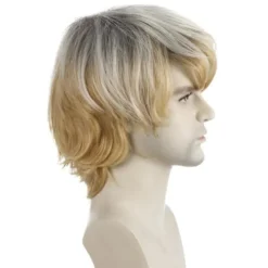 Mænd Lys Guld Blond Kort Hår Paryk Med Skrå Bangs Cosplay Fest Fulde Parykker