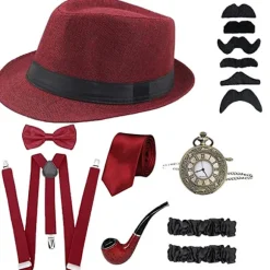Mr. Gatsby, 8-delt tilbehørssæt, hat, seler, butterfly Red