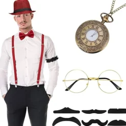 Mr. Gatsby, 8-delt tilbehørssæt, hat, seler, butterfly Red