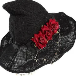 Mørk roman Gotisk Sort Strikket Heksehat med Rose til Kvinder Piger Bred Skygge Spids Moderne Troldmandshat til Halloween (Heksehat med Rød Rose)